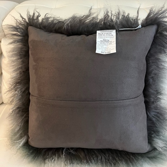 MON CHATEAU Grey Ombré & Minty Green TIBETAN LAMB FUR Down PILLOW 16” x 16” - Picture 4 of 12